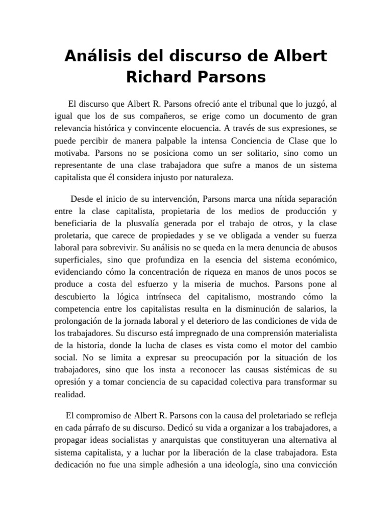 Análisis Del Discurso de Albert Richard Parsons | PDF | Capitalismo ...