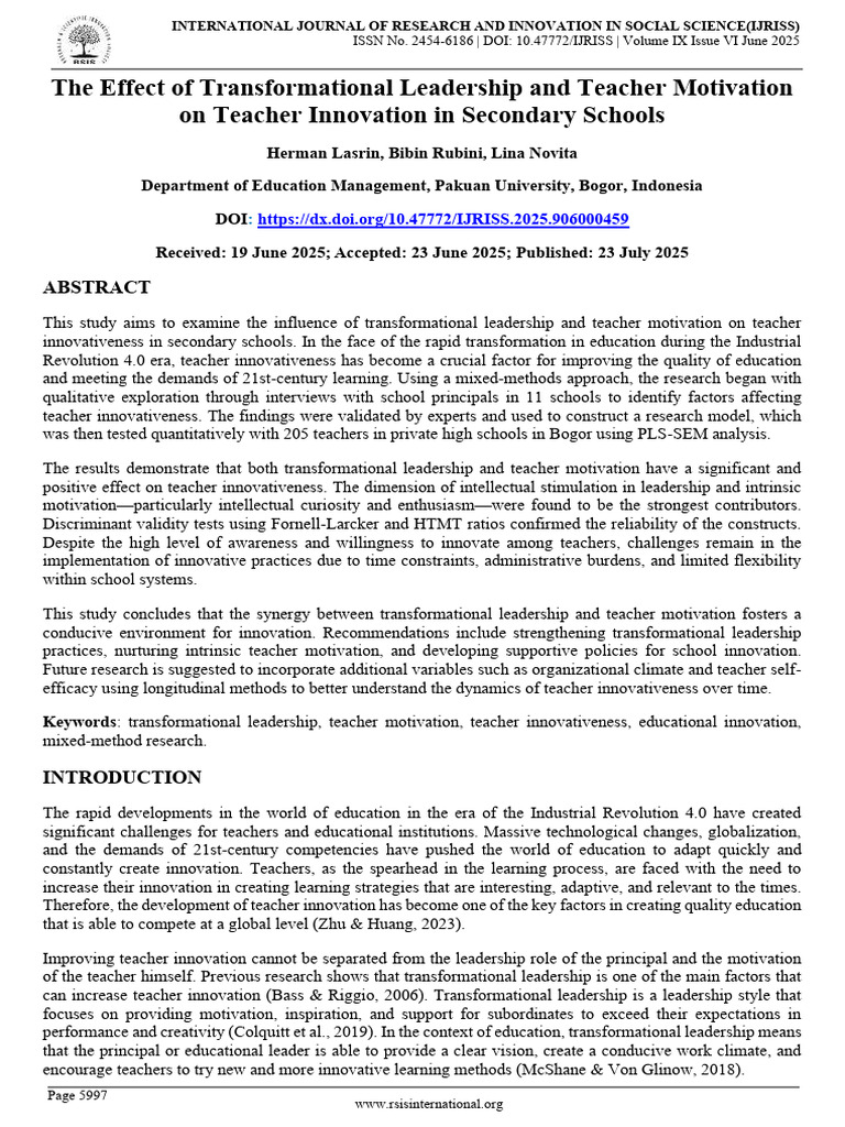 The Effecy of Transformational Leadership and Teacher Motivatioan On ...