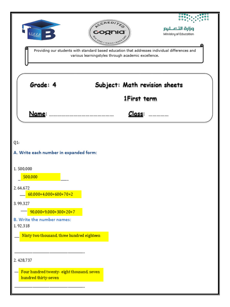 Grade 4 Math Revision Worksheet | PDF