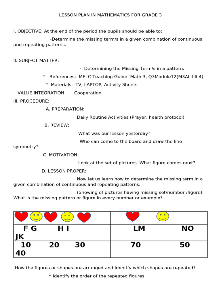 Grade 3 Math Lesson: Patterns & Sequences | PDF | Lesson Plan | Pattern