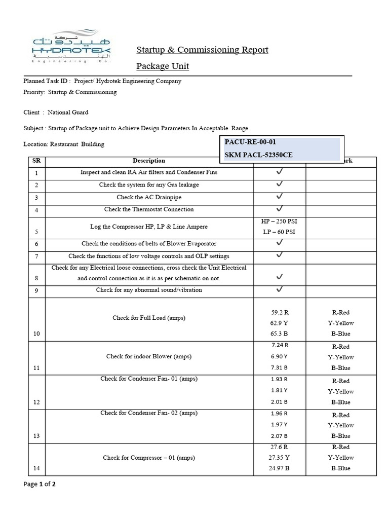 Package Unit Startup Checklist | PDF | Equipment | Electromagnetism
