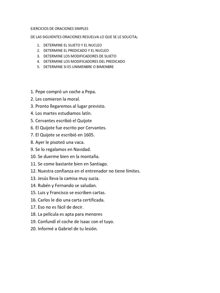Ejercicios de Oraciones Simples | PDF