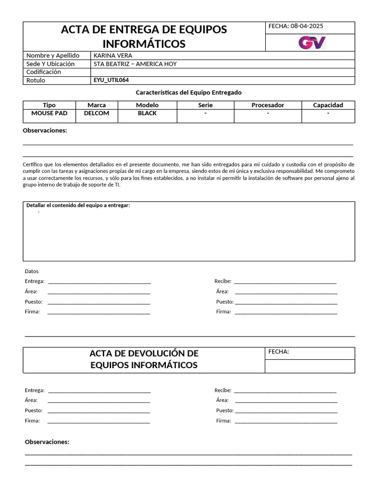 Acta de Entrega de Equipos Informáticos | PDF | Software | Informática