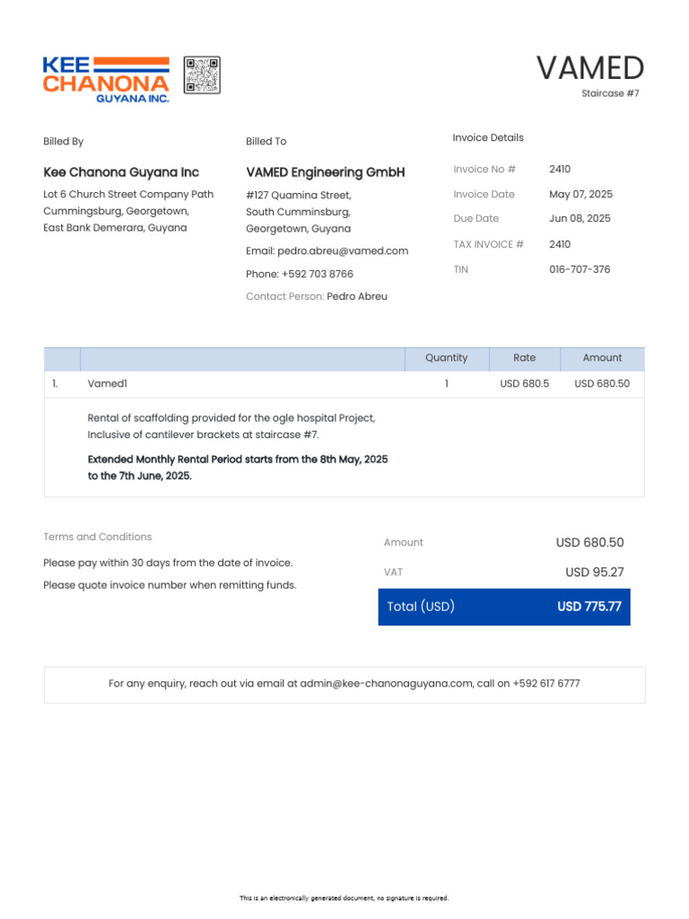 Invoice 2410 Kee Chanona Guyana Inc Vamed Engineering Gmbh | PDF ...