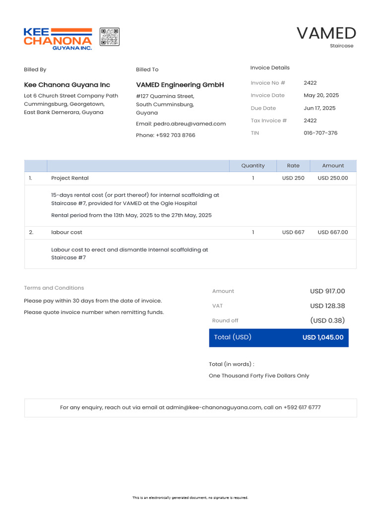 VAMED Invoice #2422 for Scaffolding Services | PDF | Invoice | Accounting