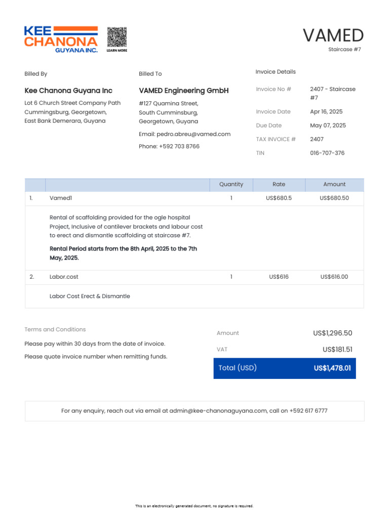 Invoice 2407 Staircase 7 Kee Chanona Guyana Inc Vamed Engineering GMBH ...
