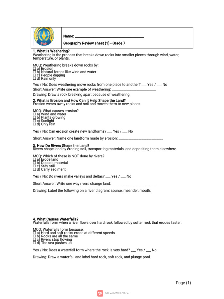 Geography Review Sheet | PDF | Erosion | River