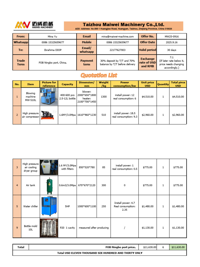 Machinery Quotation for Blowing Equipment | PDF