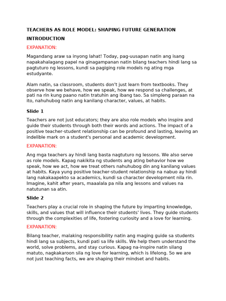 Teachers As Role Model (Explanation) | PDF | Teachers | Curriculum
