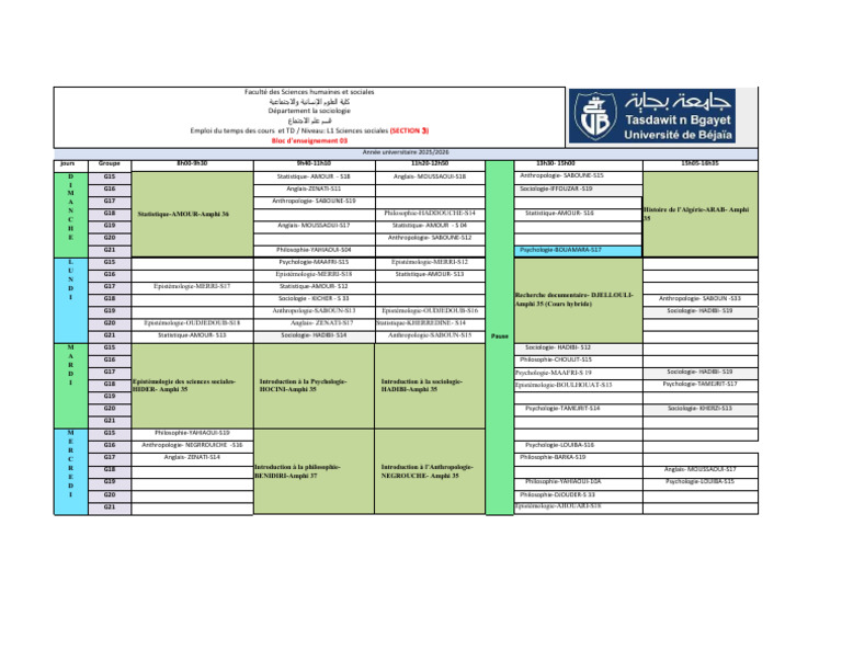 Emploi du temps L1 Sciences Sociales 2025 | PDF | Concepts biologiques ...