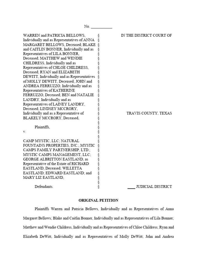 Camp Mystic Flood Tragedy Lawsuit PDF Negligence Tort