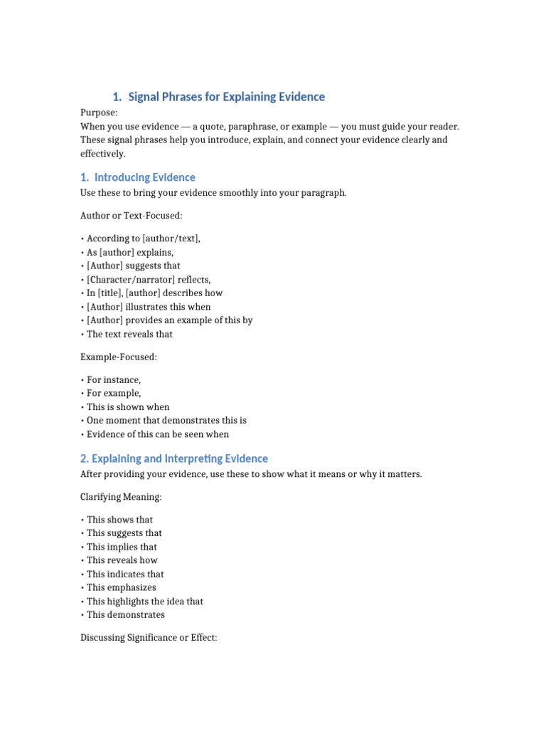 Signal Phrases for Evidence Explanation | PDF