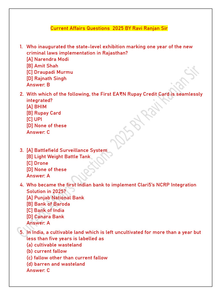 Top 100 Current Affairs Oct 2025 by Ravi Ranjan Sir | PDF