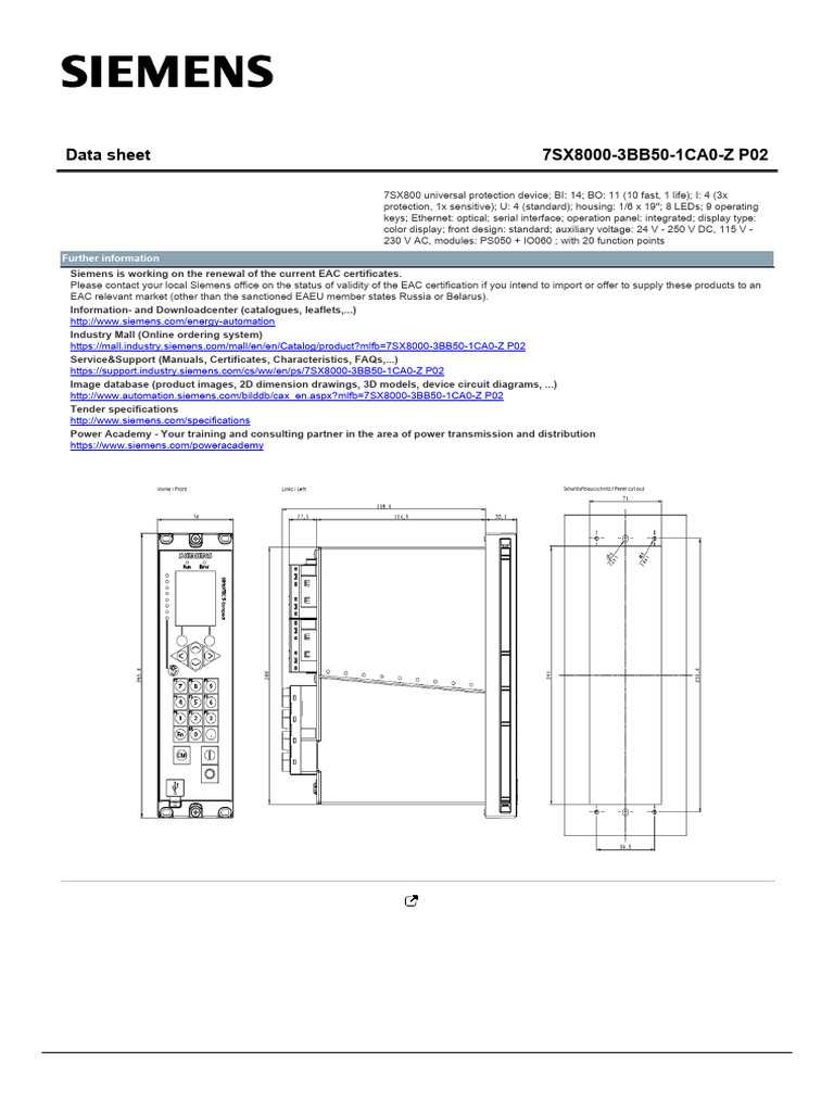 Siemens 7SX8000 Protection Device Data Sheet | PDF