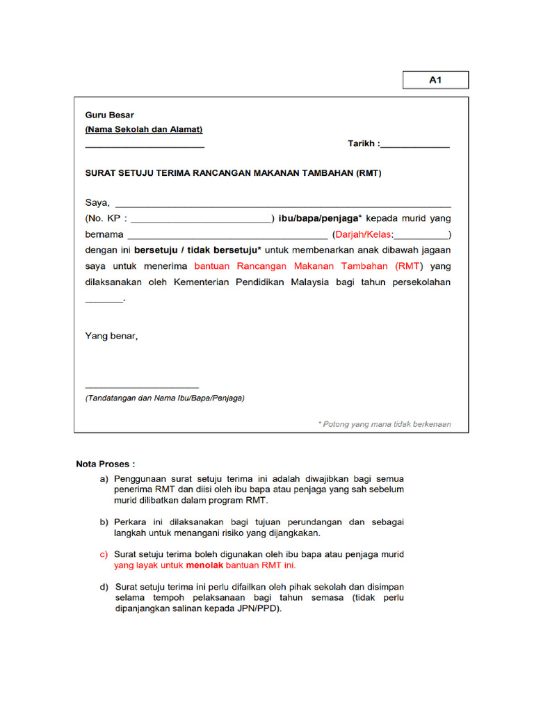 Surat Setuju Terima RMT | PDF