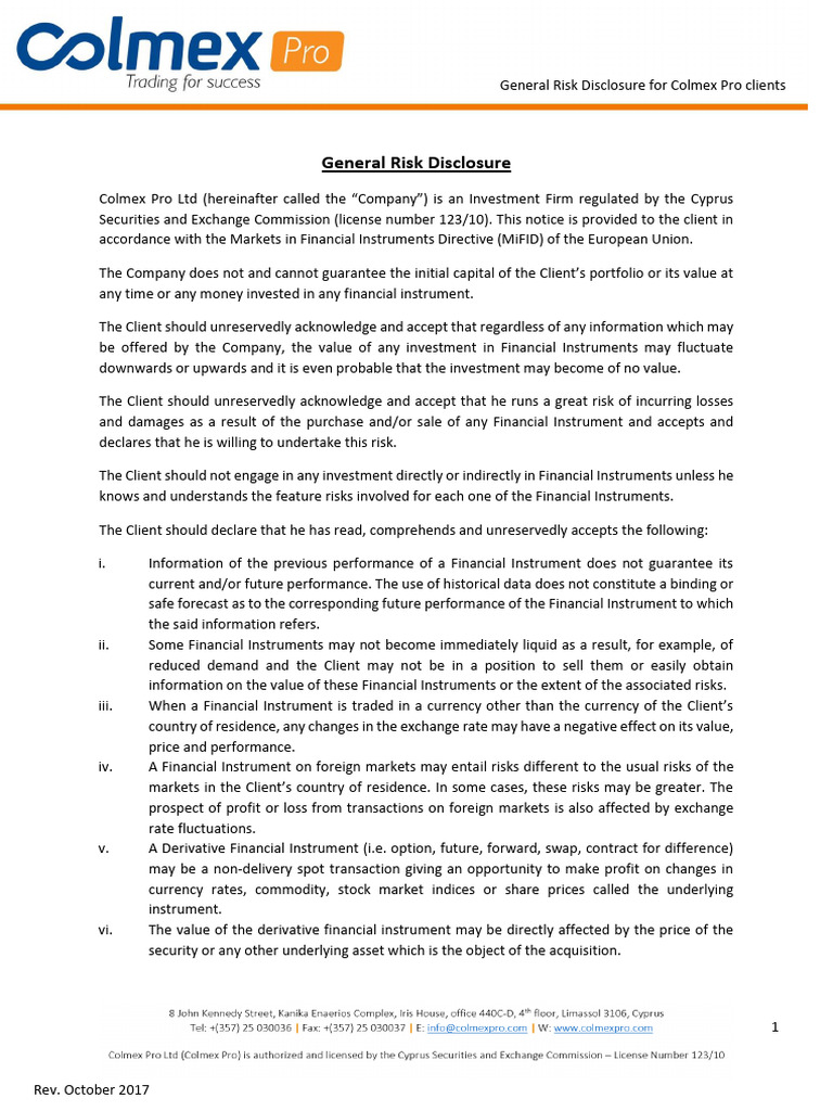 General Risk Disclosure - Colmex Pro LTD | PDF | Foreign Exchange ...