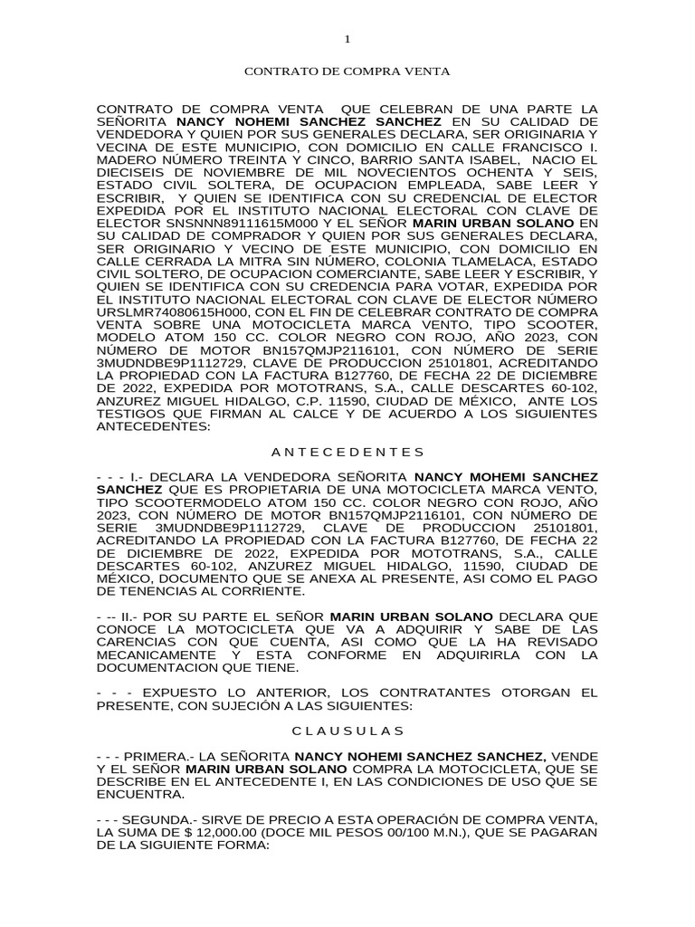Contrato de Compra Venta de Motocicleta | PDF
