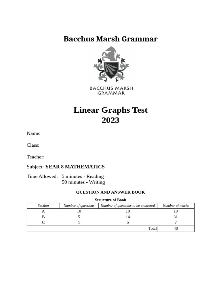 Yr8 Linear Graphs Test 2023 - Final | PDF | Cartesian Coordinate System ...