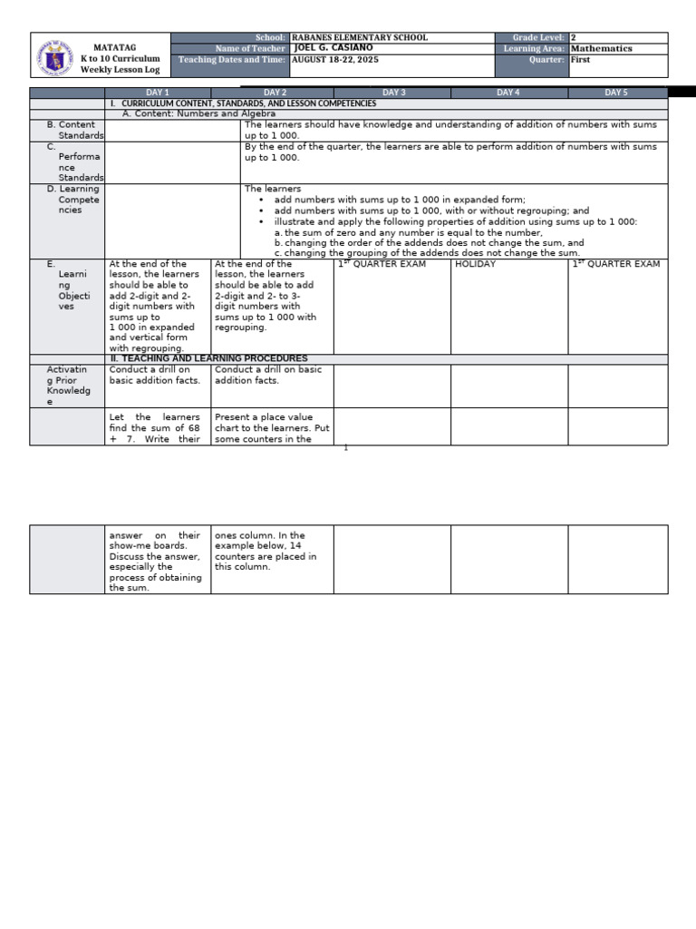 Grade 2 Math Weekly Lesson Plan | PDF | Elementary Mathematics | Number ...