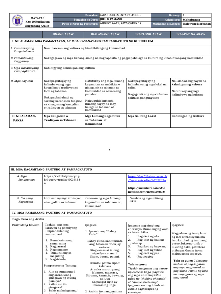 DLL Matatag Makabansa 2 q2 w1 | PDF