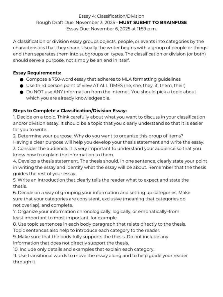 Essay 4 - Classification - Division | PDF | Essays | Thesis