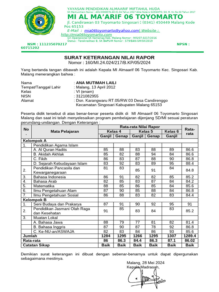 Surat Keterangan Nilai Rapor MI Almaarif | PDF