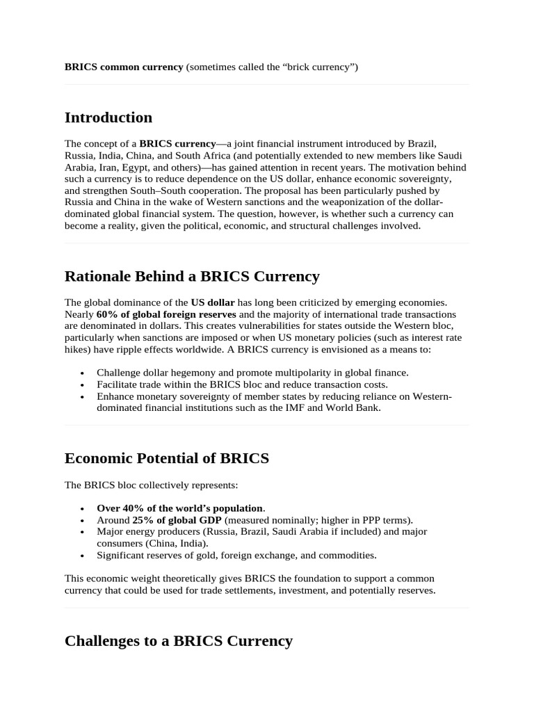 BRICS Currency: Challenges and Potential | PDF | Global Financial ...