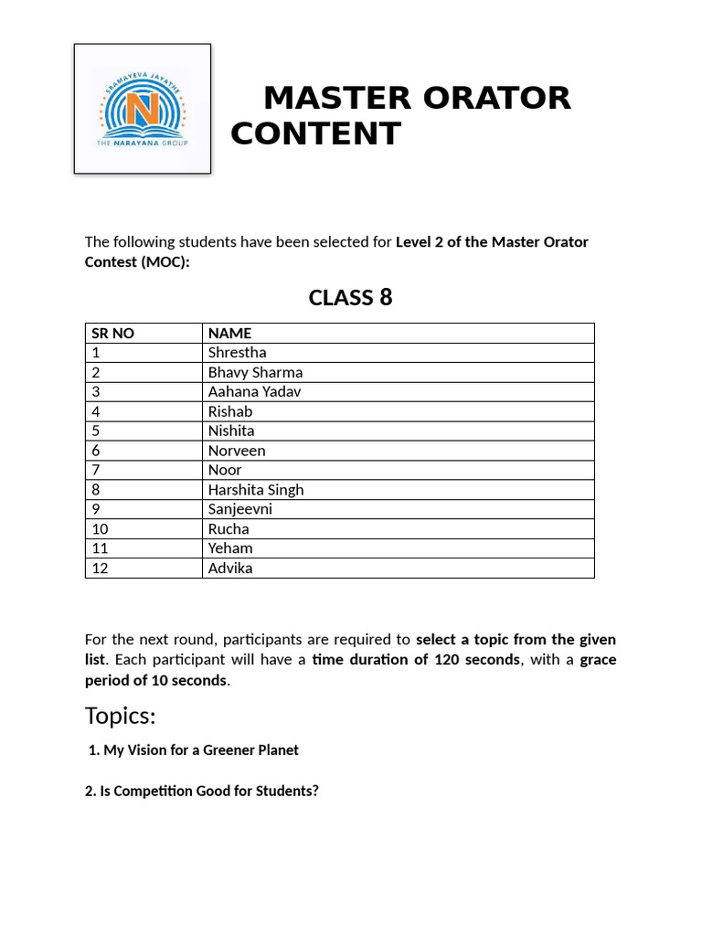 Master Orator Contest- Grade 8-1 | PDF