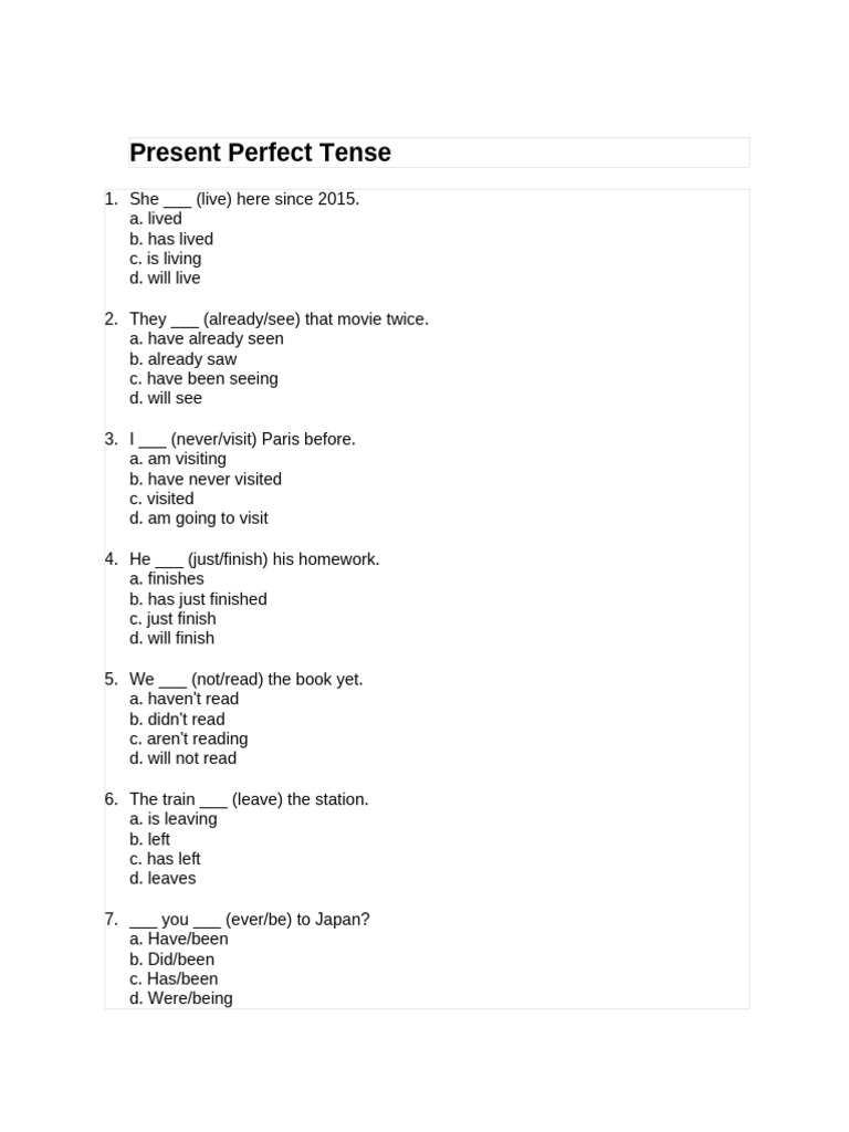 Present Perfect Tense Exercises | PDF | Chess Openings | Chess Theory