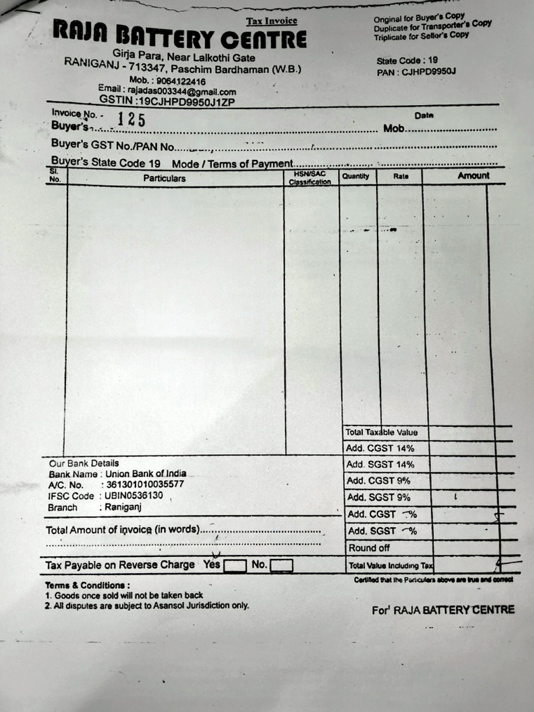 RAJA Battery Centre Invoice Details | PDF | Invoice | Taxes