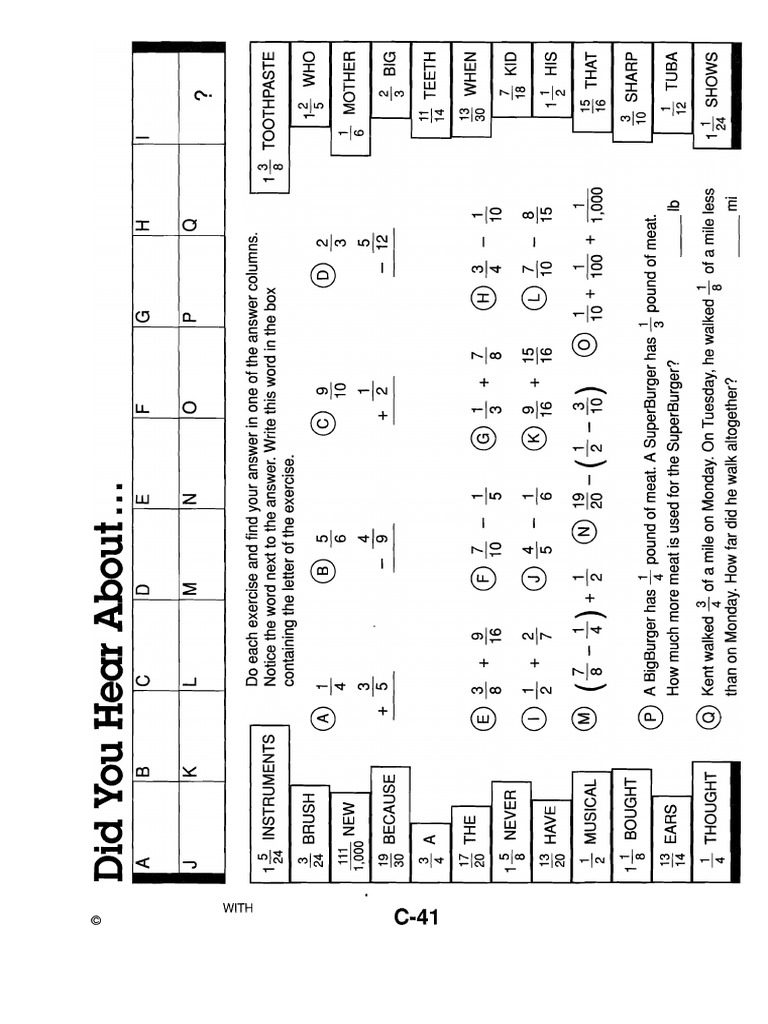 Pizzazz Book C - Adding and Subtracting Fractions With Unlike Denominators | PDF