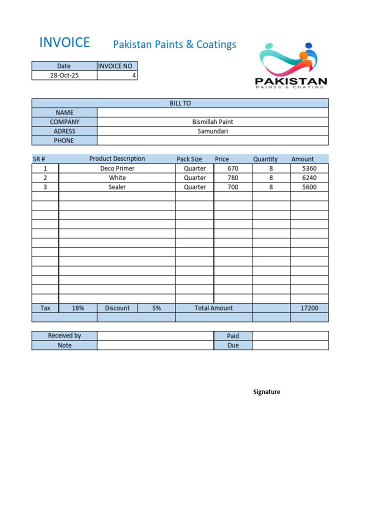 Invoice for Bismillah Paint Purchase | PDF