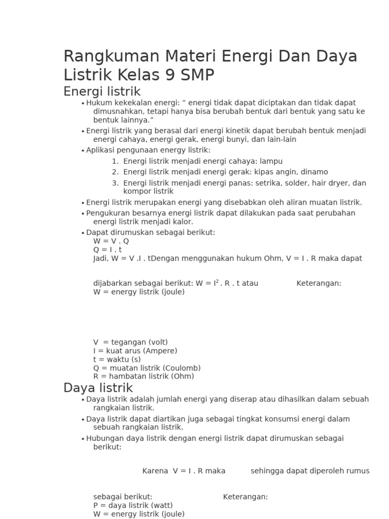 Rangkuman Energi dan Daya Listrik Kelas 9 | PDF