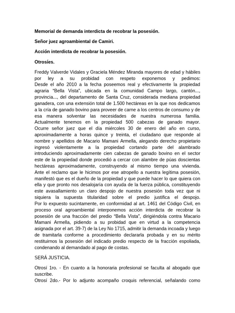 Demanda interdicta de recobro de posesión | PDF | Demanda judicial ...