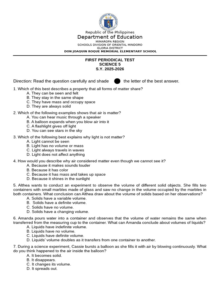 Science 5 Periodical Test Guide | PDF | Weighing Scale | Liquids