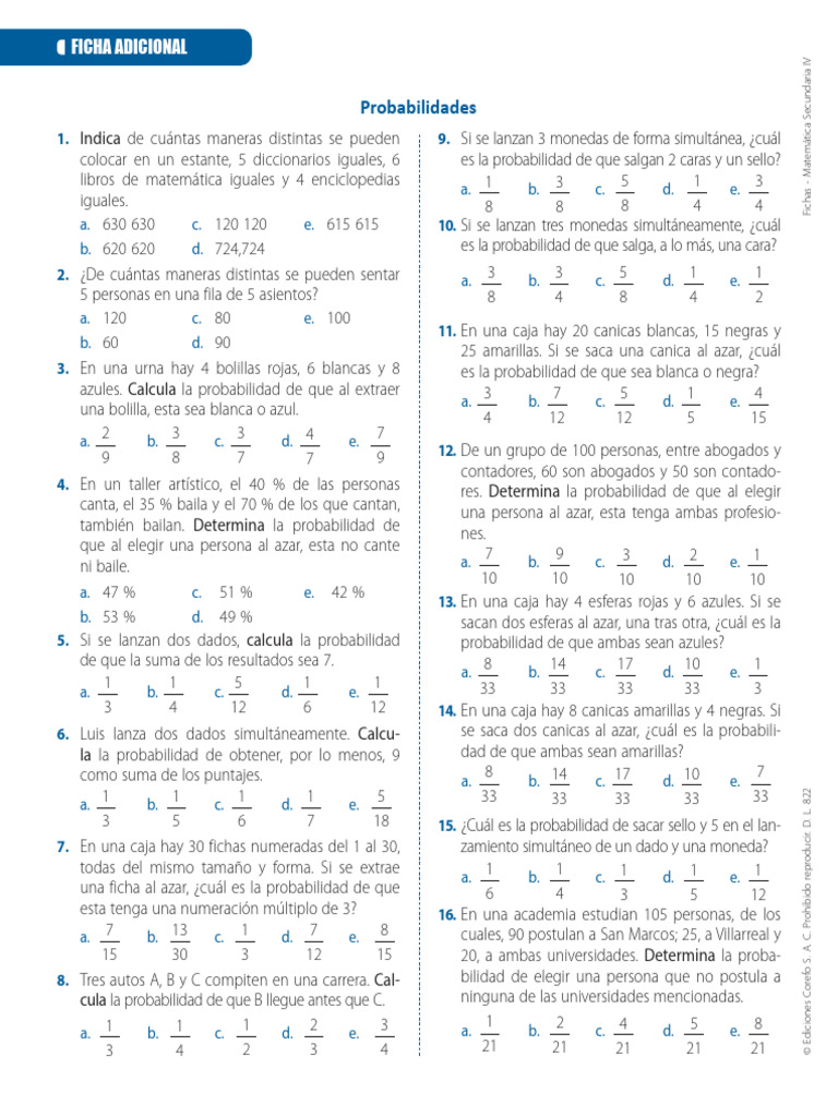 Ejercicios de Probabilidades y Combinatoria | PDF | Probabilidad