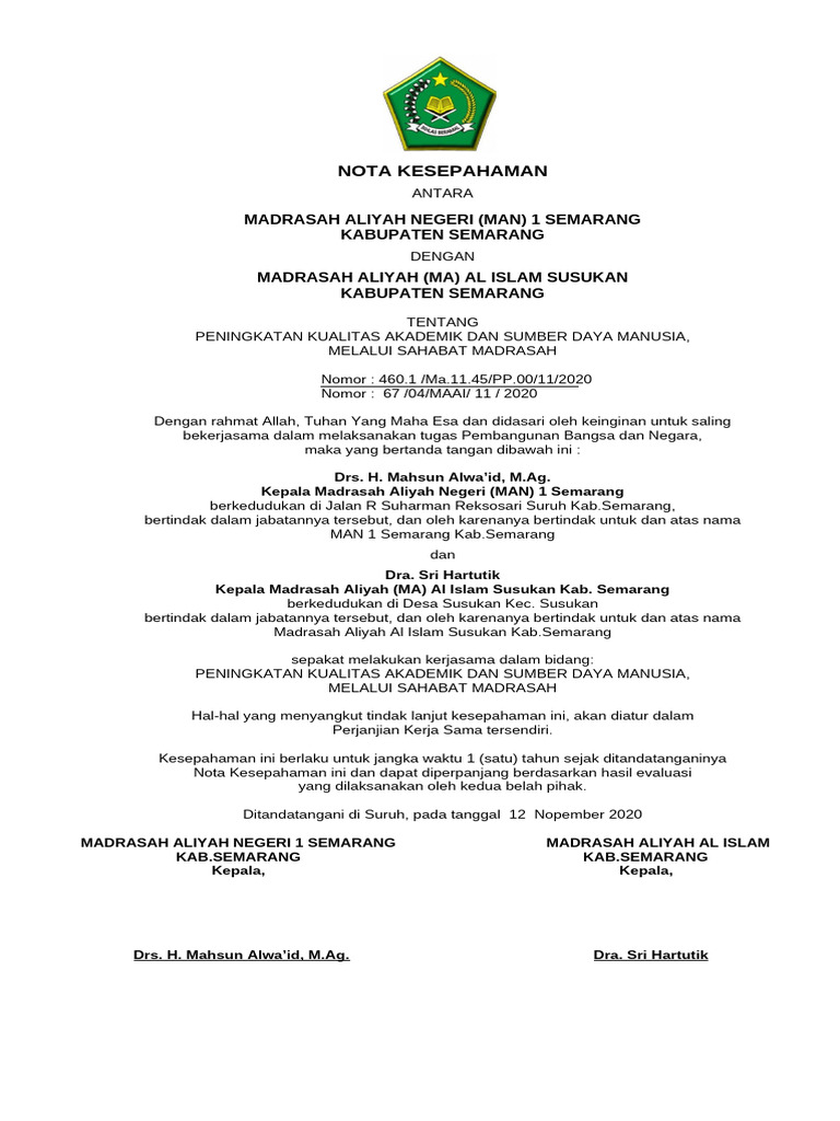Nota Kesepahaman MAN 1 Semarang dan MA Al Islam | PDF