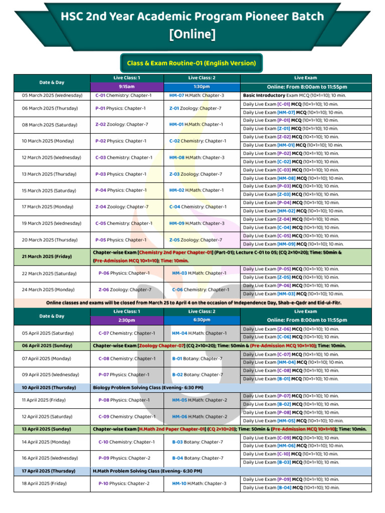 HSC 2nd Year Online Class Schedule | PDF | Complex Number | Electric Field