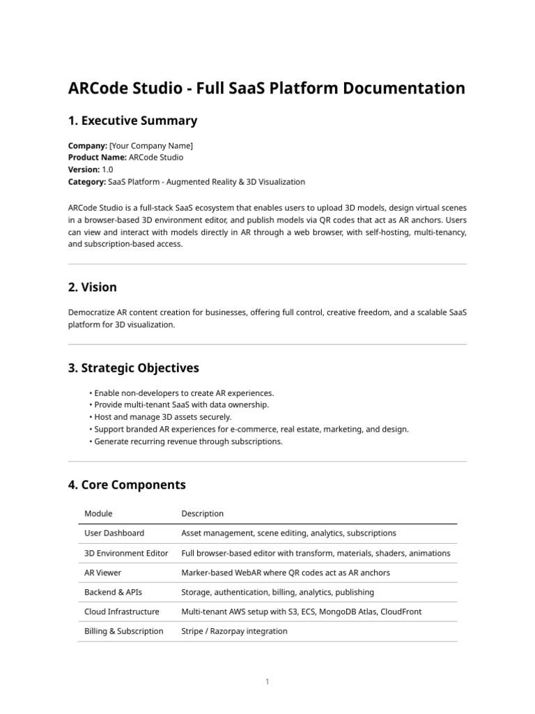 ARCode Studio: SaaS for AR & 3D Visuals | PDF | Augmented Reality ...