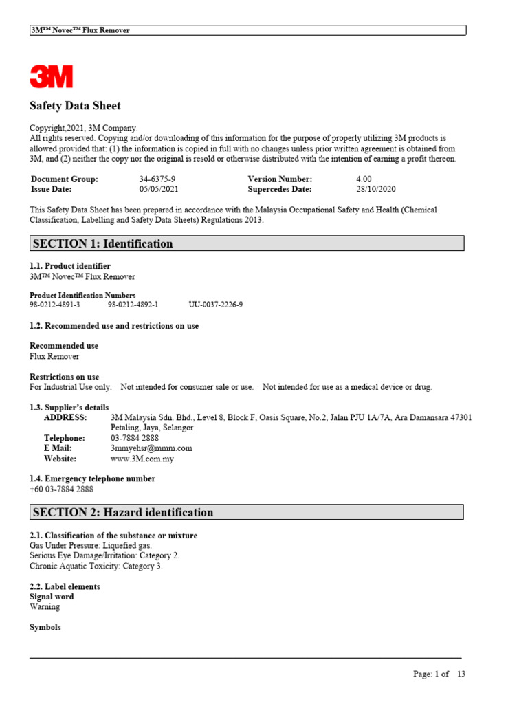 3M Novec Flux Remover Safety Data Sheet | PDF | Dangerous Goods | Toxicity