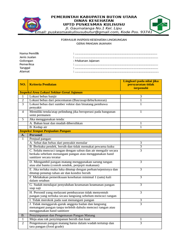 Formulir Inspeksi Gerai Jajanan Buton Utara | PDF