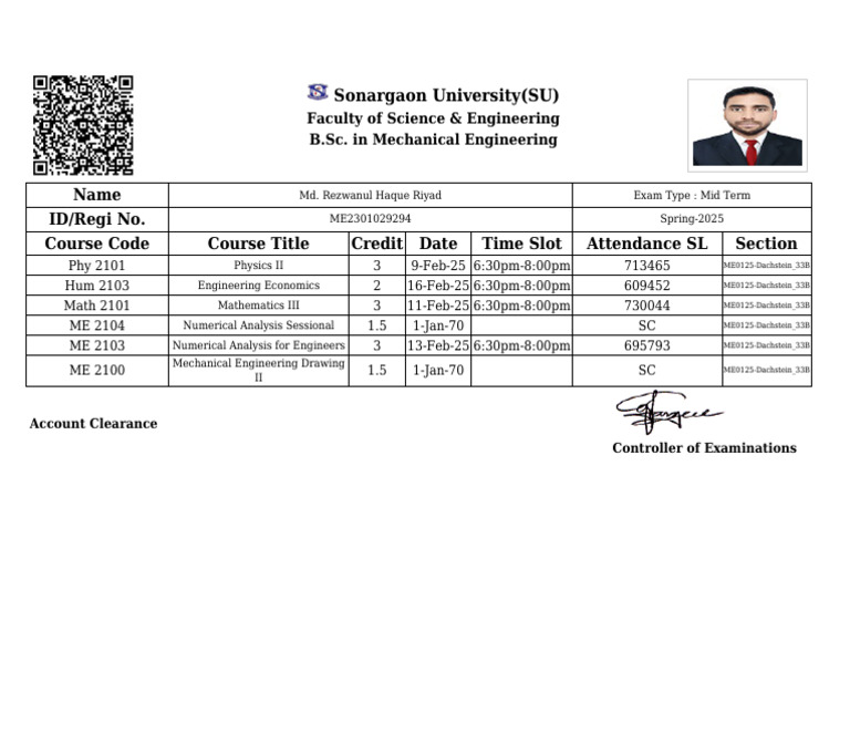 Sonargaon University Mechanical Engineering Midterm Schedule | PDF