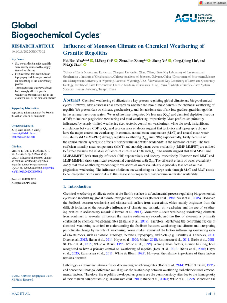 Influence of Monsoon Climate On Chemical Weathering of Granitic ...