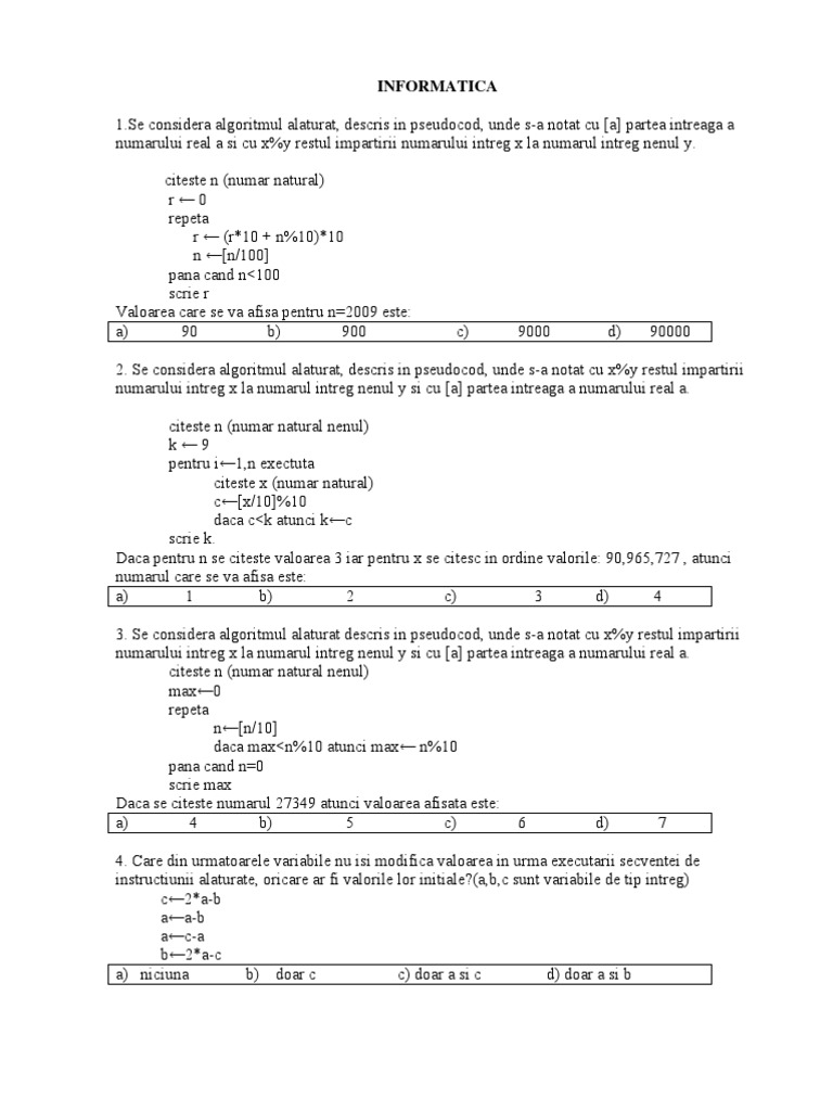 Subiecte Informatica | PDF