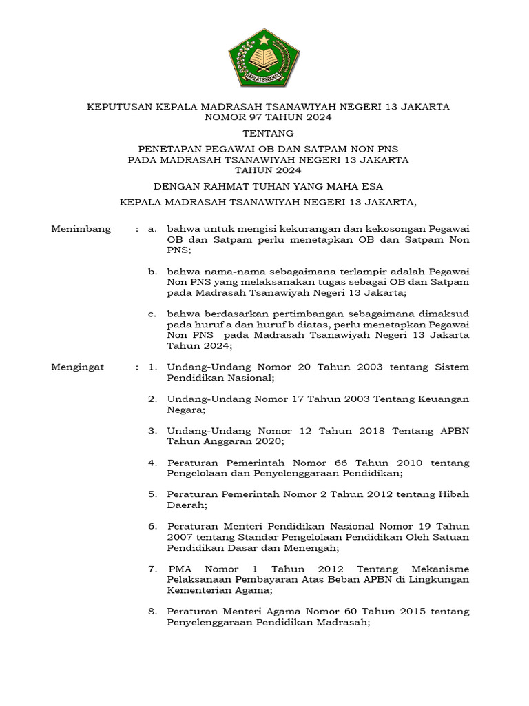 Penetapan Pegawai Non PNS MTs 13 Jakarta | PDF