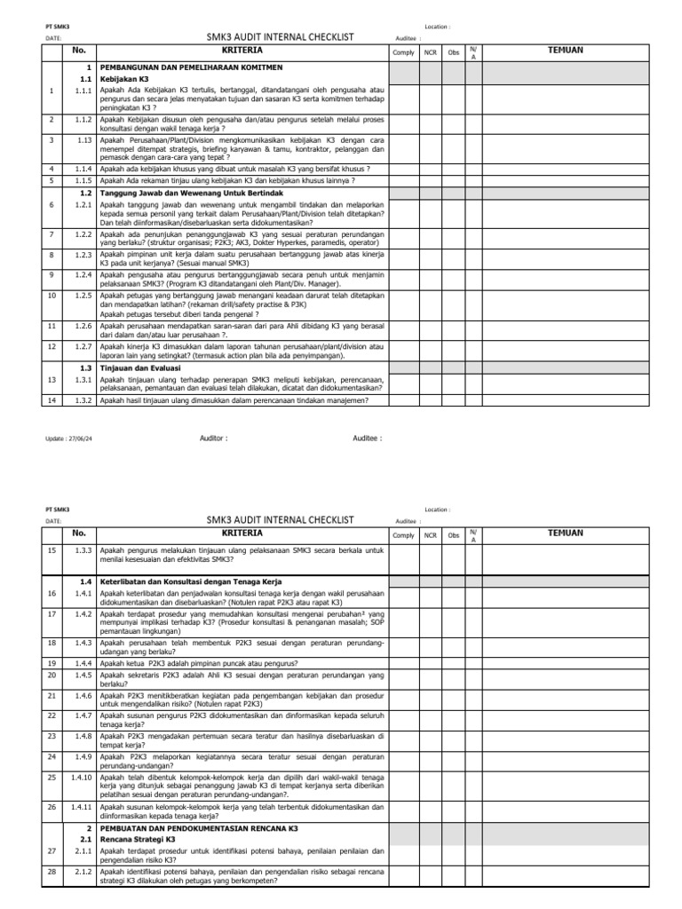 Checklist Audit K3 Internal SMK3 | PDF