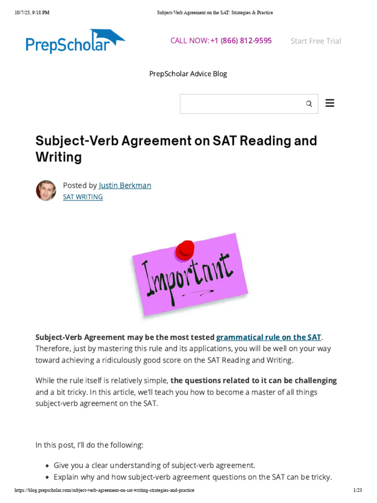 Subject-Verb Agreement on the SAT_ Strategies & Practice | PDF | Verb ...