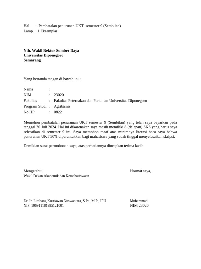 Permohonan Pembatalan UKT Semester 9 | PDF