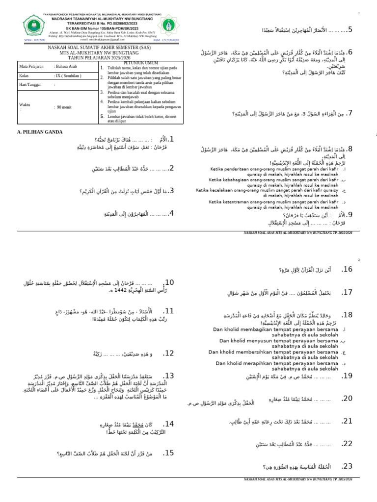 Soal Pas Kelas Ix Bahasa Arab Tahun 2025 | PDF