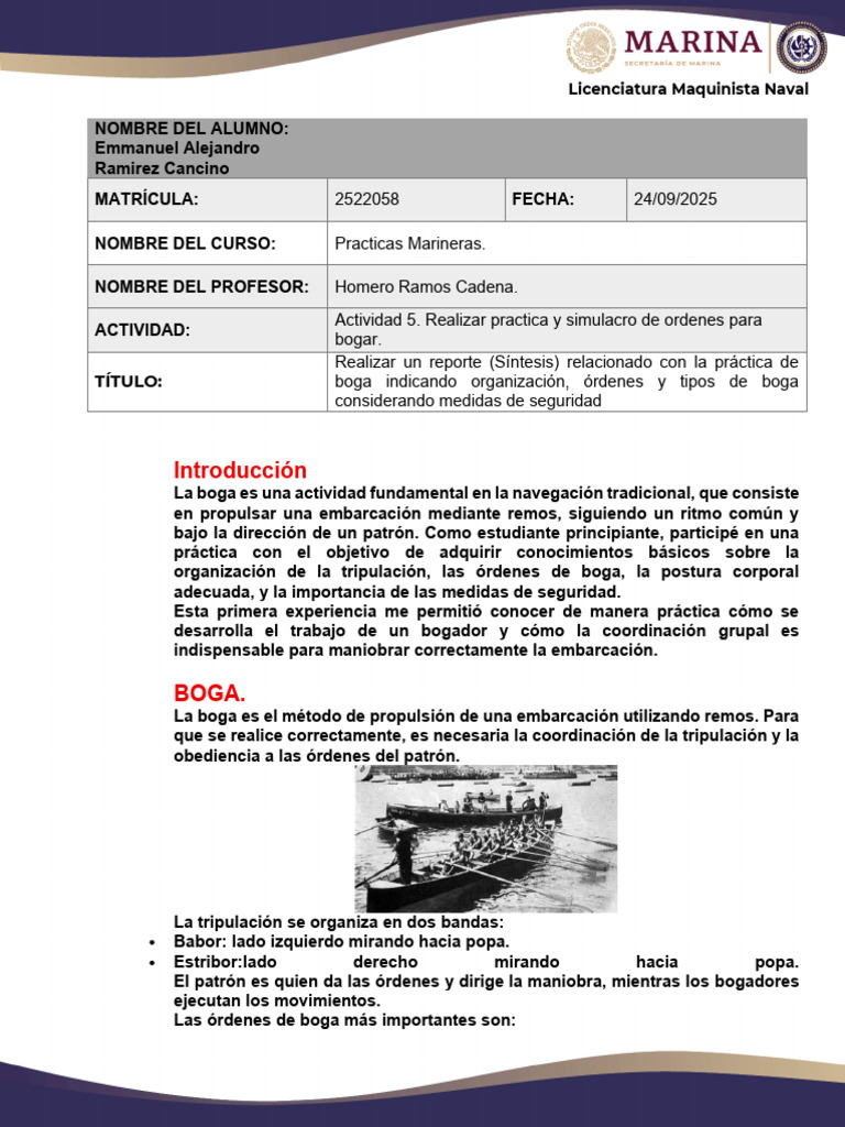 Práctica de Boga en Navegación Naval | PDF | Embarcación | Remo